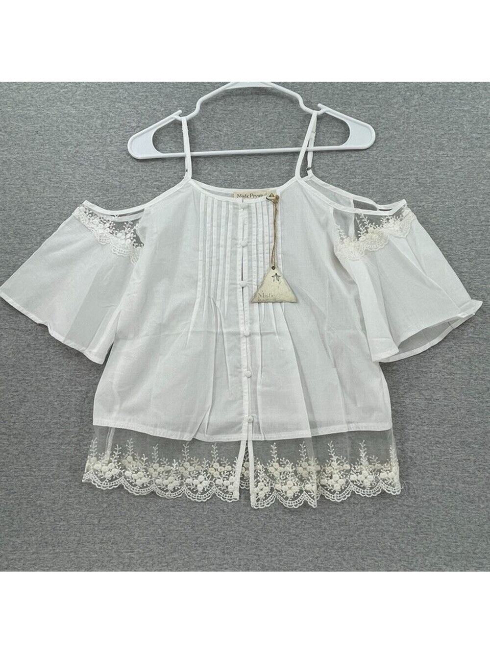 Mistic Prysm Blouse Womens Small White Cold Shoulder Lace Pleated Button Up NEW